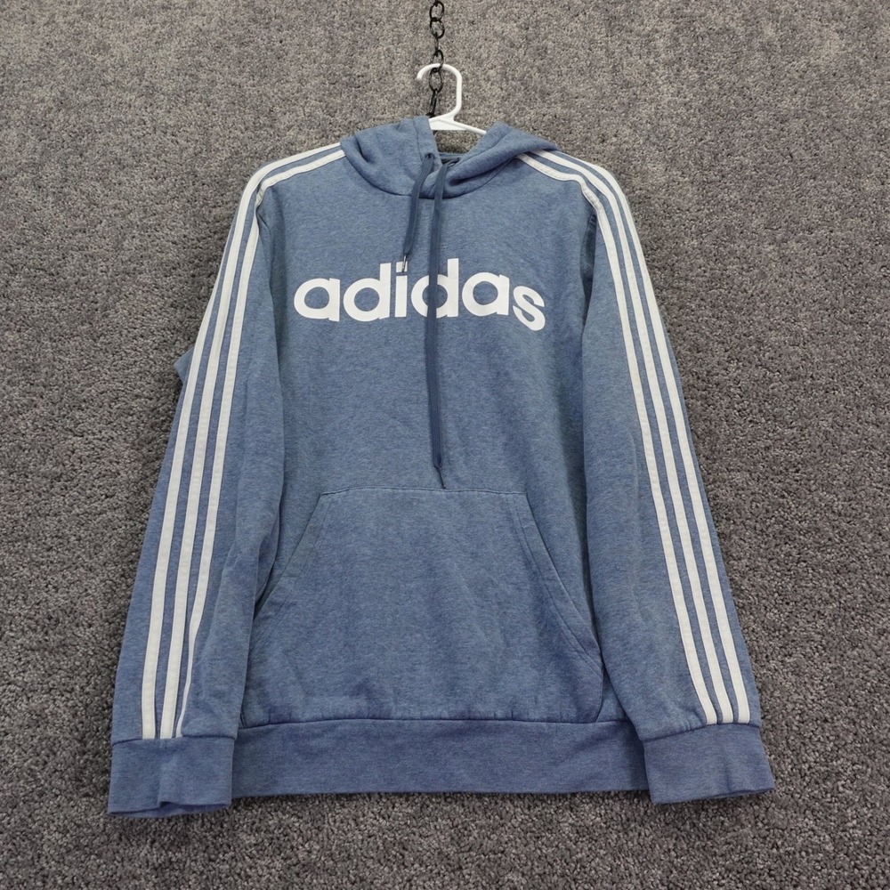 Adidas Hoodie Mens Medium Blue 3 Stripe Pullover Logo Fleece Sweatshirt Casual